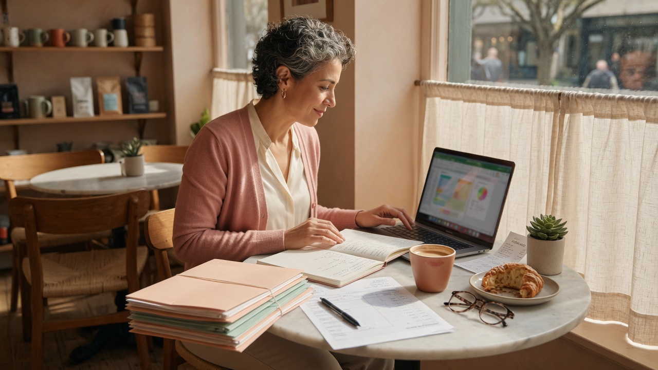 Small business owner reviewing invoices and finances