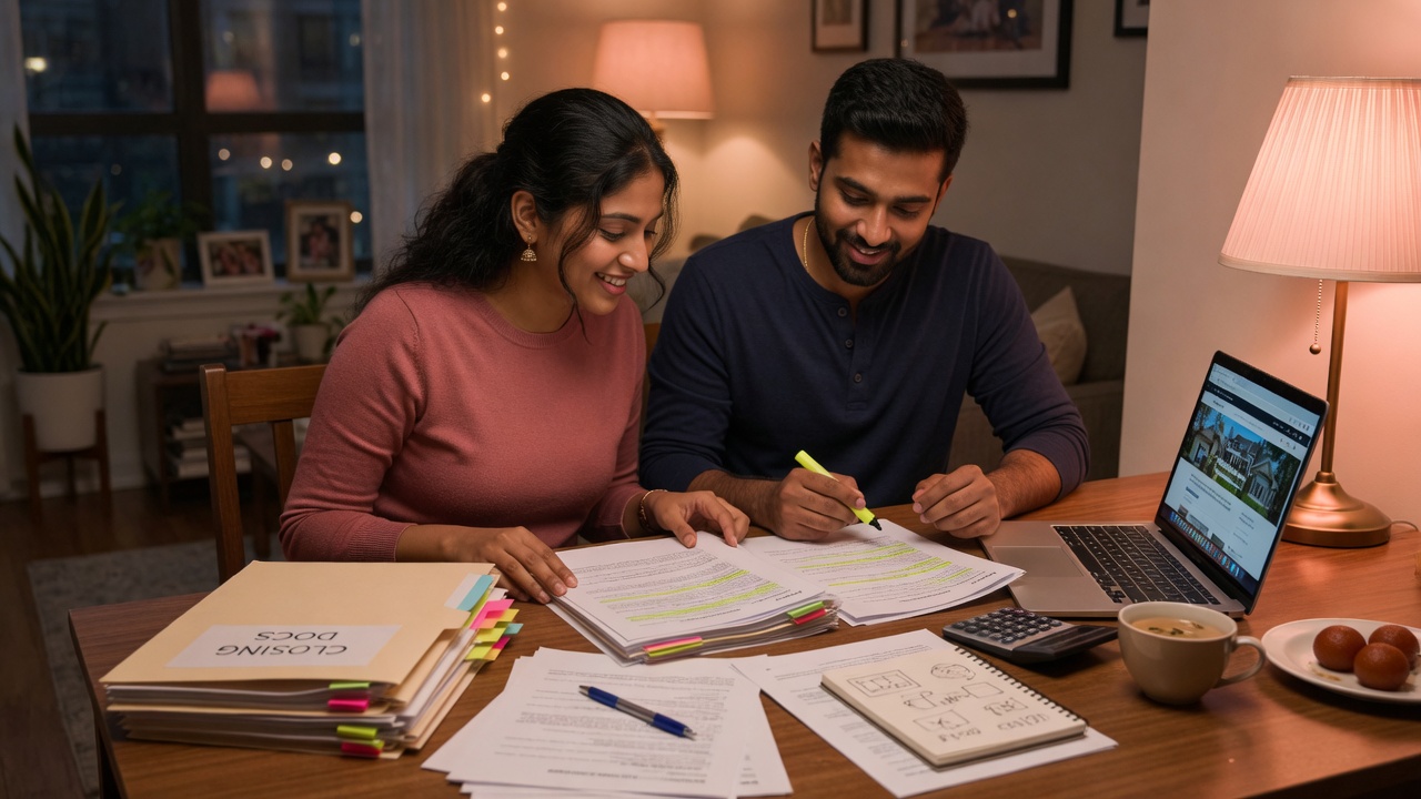 Couple reviewing home purchase closing documents