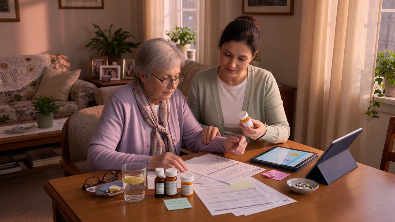 Adult caregiver reviewing medications and discharge papers with a parent