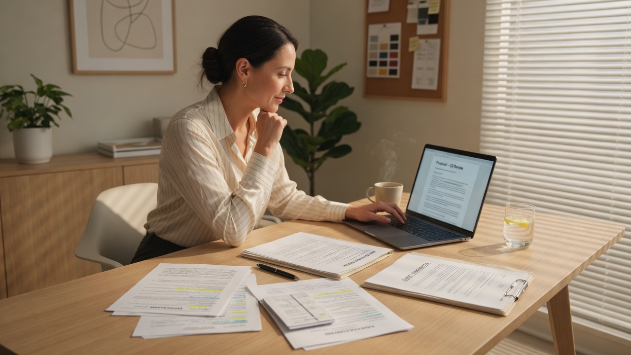 Professional reviewing client contracts in an office