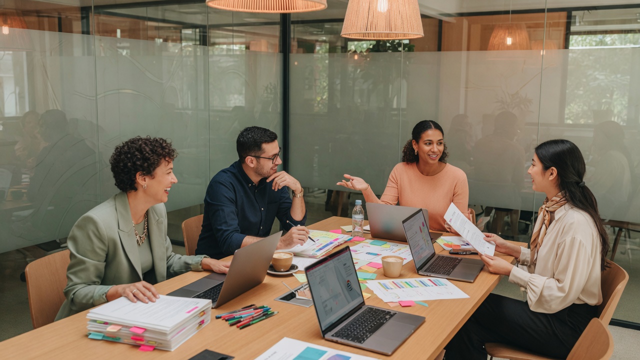 Leadership team preparing with board decks in a meeting room