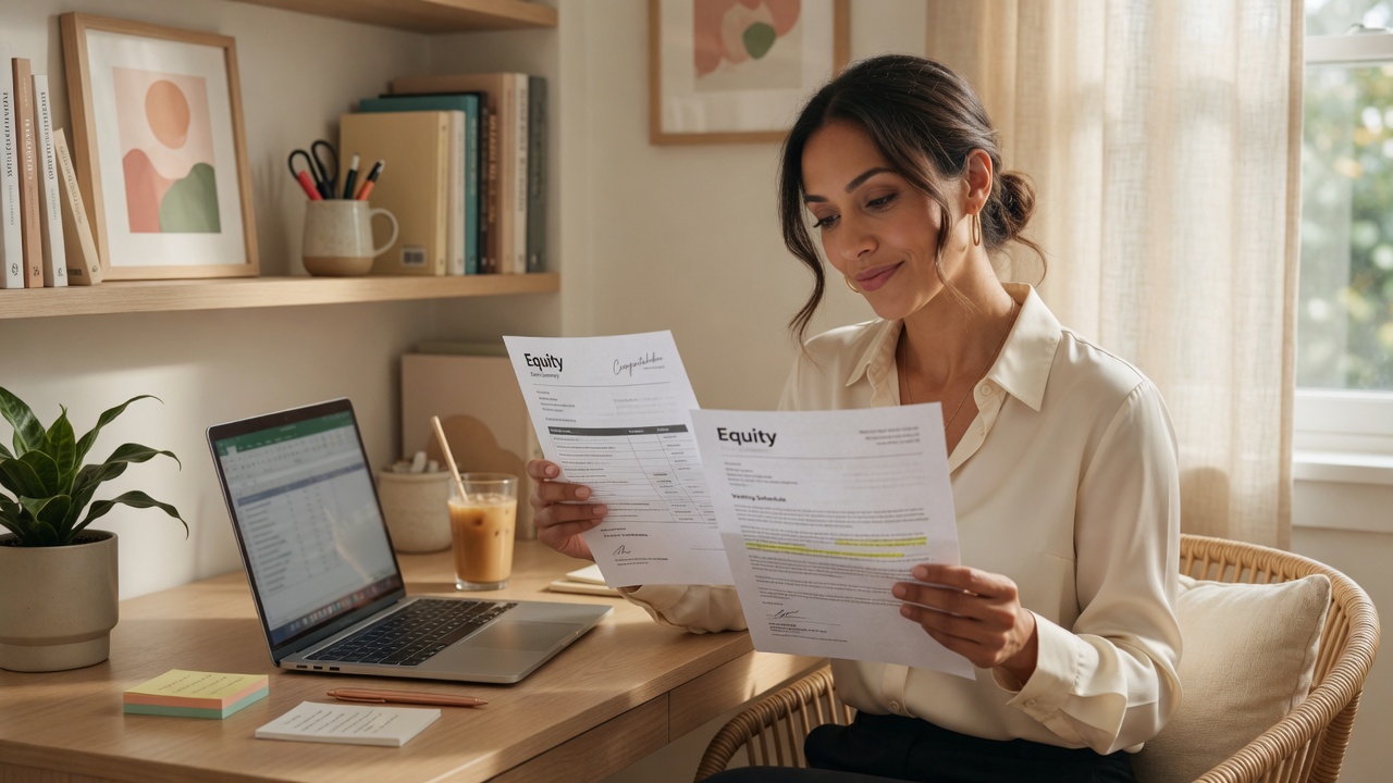 Professional reviewing a job offer and equity documents