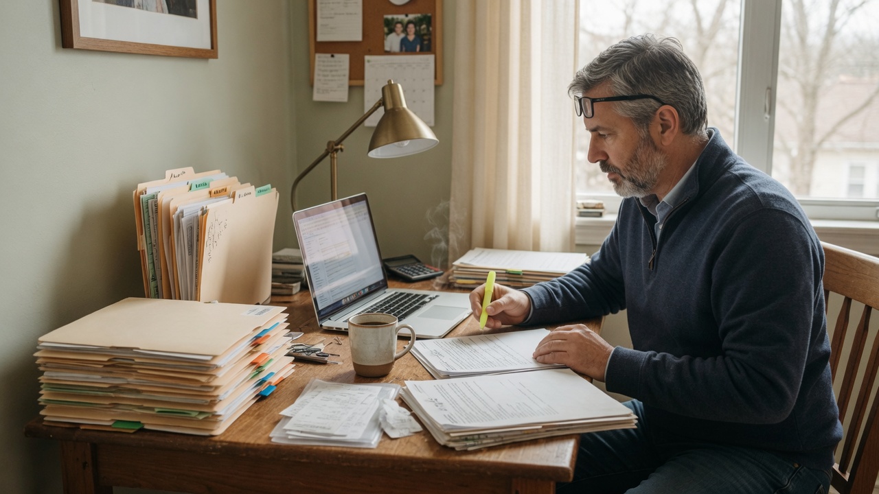 Person reviewing tax forms at a home desk